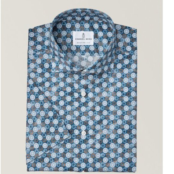 Emanuel Berg Modern Fit Byron Cotton Short Sleeves Shirt Blue Size L - Picture 1 of 14